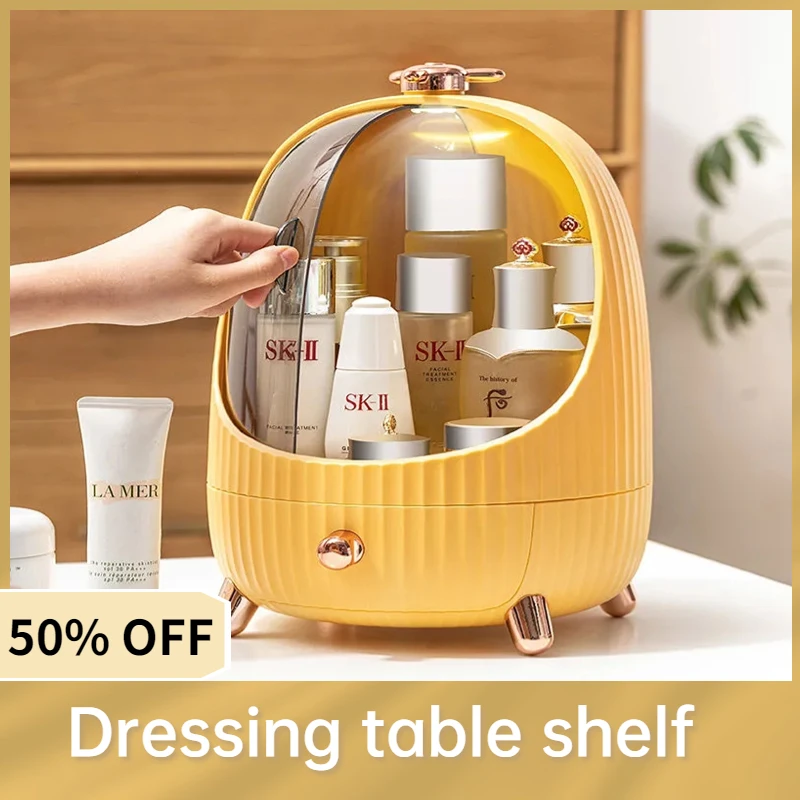 

Акриловый органайзер для косметики с LED-подсветкой, большой емкости, водонепроницаемый, пылезащитный, для ухода за кожей и украшений, настольный, с выдвижным ящиком и поворотной крышкой