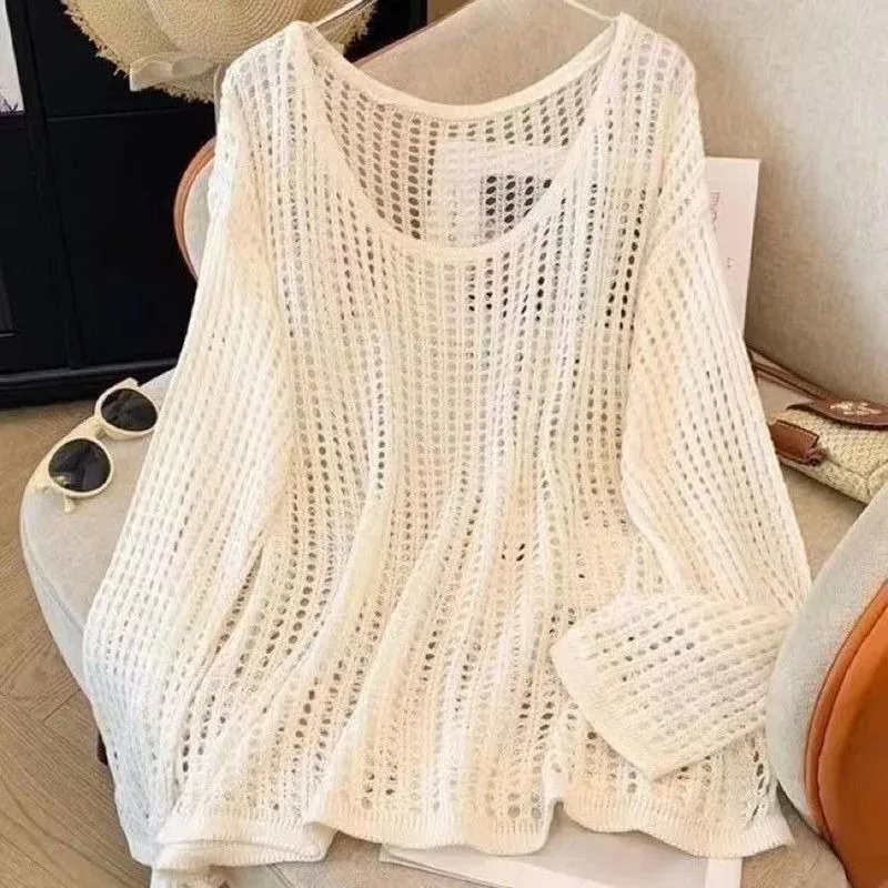 

Spring and Summer Women Vintage Hollow Out Knitting Tshirt Casual Outfits See-though Pullover Long Sleeve Beachwear Cover Up Top
