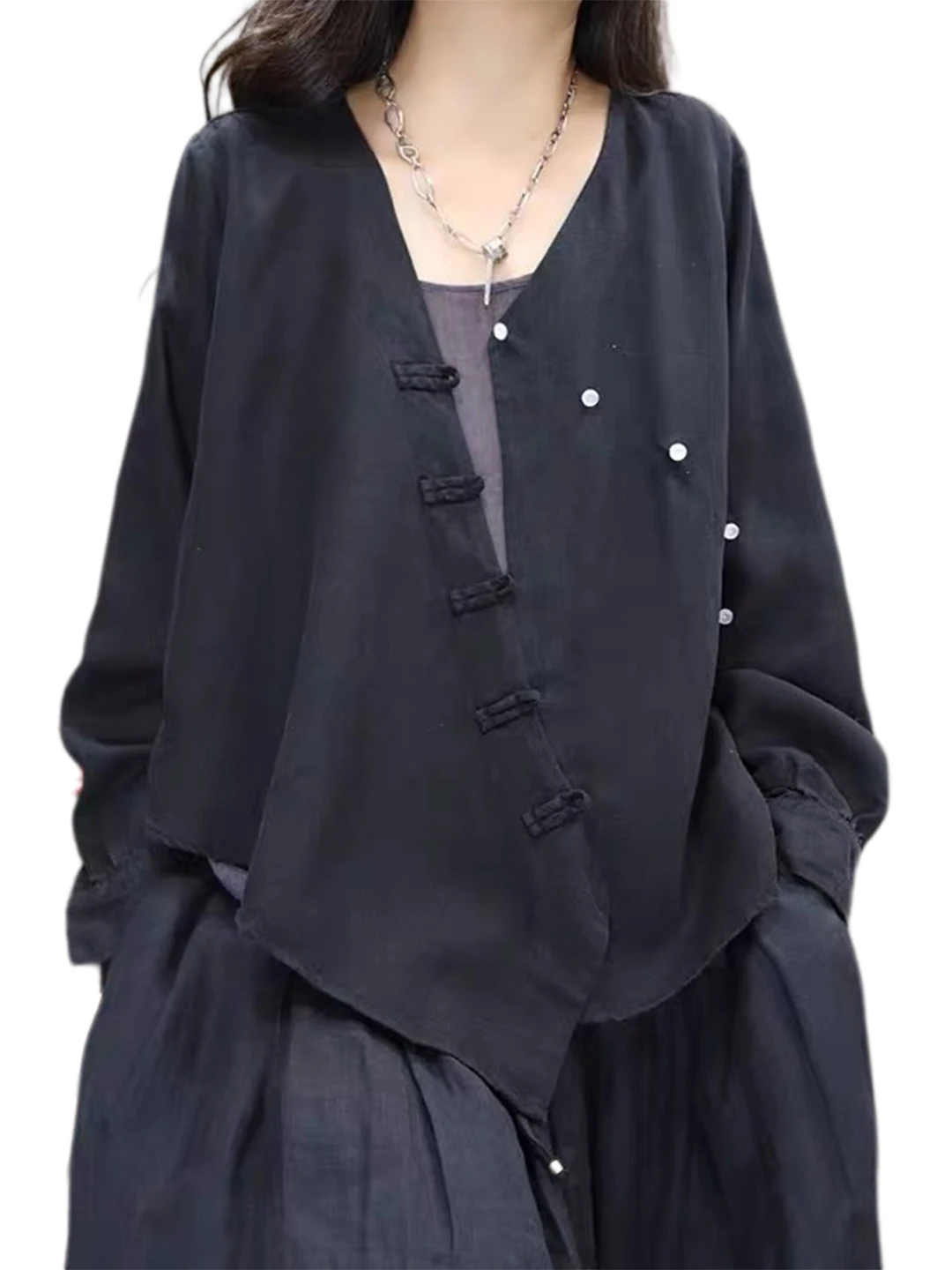 جديد الصينية Sle فضفاض عارضة القطن الكتان irt المرأة طويلة Sve زر حتى الخامس Ne أعلى تنفس ملابس الخريف مريحة #5