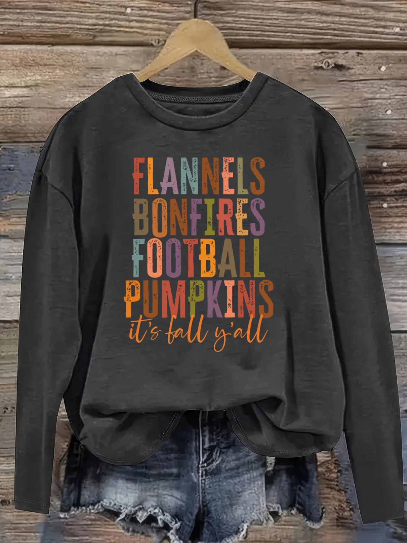 Women's Casual Long Sleeve Crew Neck T-Shirt Flannels Bonfires Football Pumpkins Fall Design, Round Neck Women's Clothing, Machine Washable, Slightly Elastic, Loose Fit, Spring Autumn Winter Women's T-Shirt, Halloween Costume Outfit