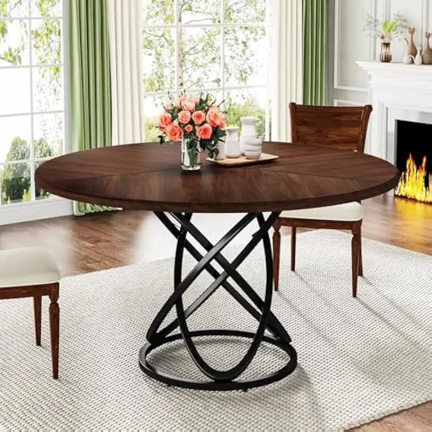 Round Dining for 4-6 People, 47 Inch Dinner Circle Kitchen with Metal Base, Wood Dining Room Cofee