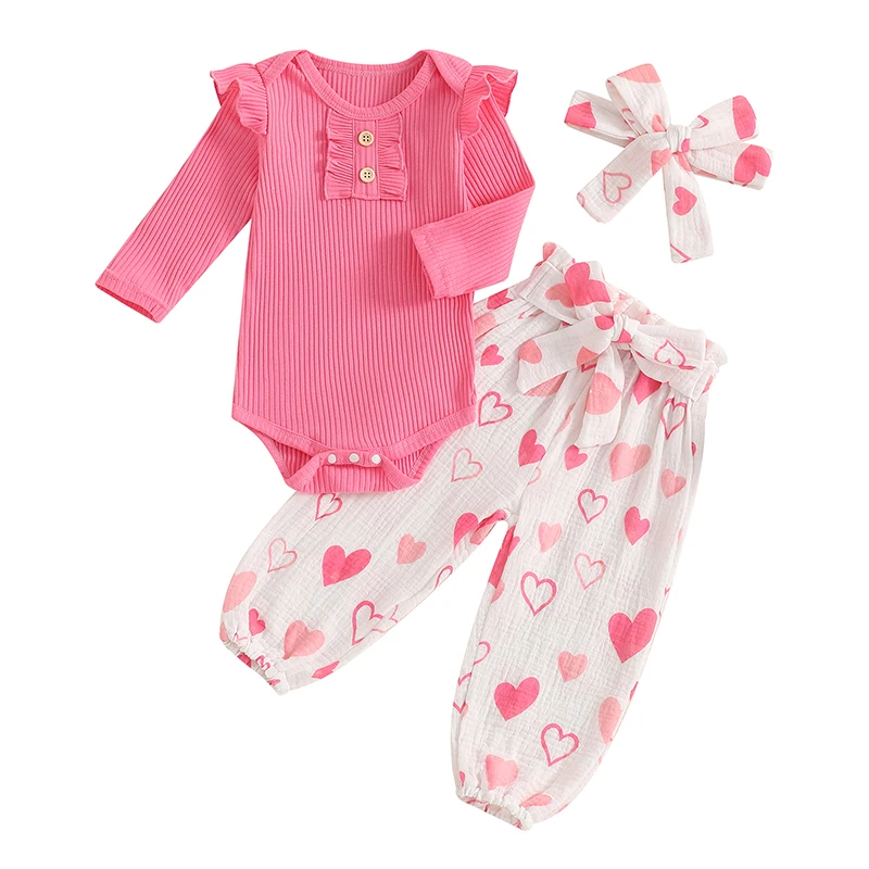 

Baby Girls Valentine s Day Pants Sets Long Sleeve O Neck Romper Heart Print Pants Headband Sets