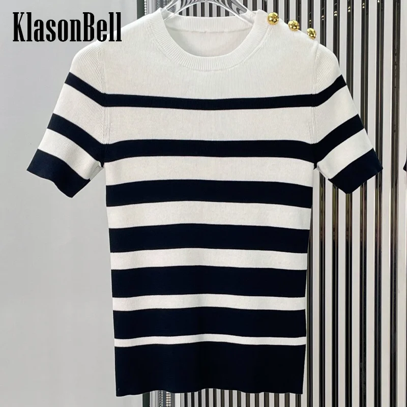 

7.5 KlasonBell Women Clothes Black White Striped O-Neck Cotton Knitted Top Letter Gold Button Slim Short T-Shirt