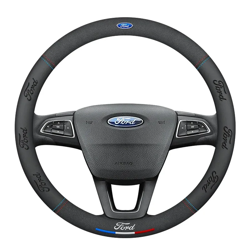 Auto Wildleder 3D Coining Logo Antislip Lenkrad Abdeckung Für Ford Mondeo Focus Raptor Puma Edge Explorer F150 Ranger Fusion Kuga