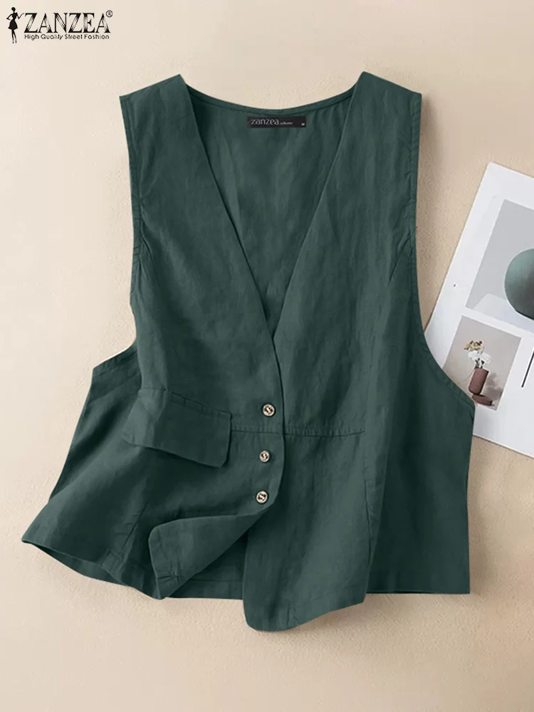 

2024 ZANZEA Fashion Women Sleeveless Vest Summer Solid Party Club Blouse Elegant V Neck OL Tanks Tops Casual Buttons Down Shirt