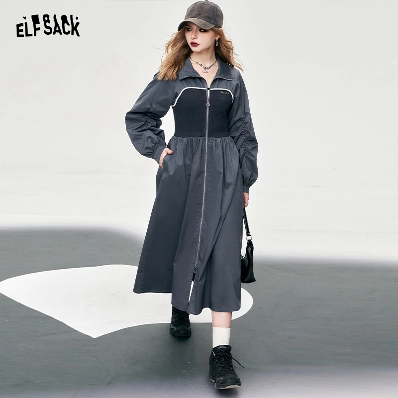 ELFSACK American style street style contrast long sleeve dress workwear style for women 2024 spring lapel zipper mid long length