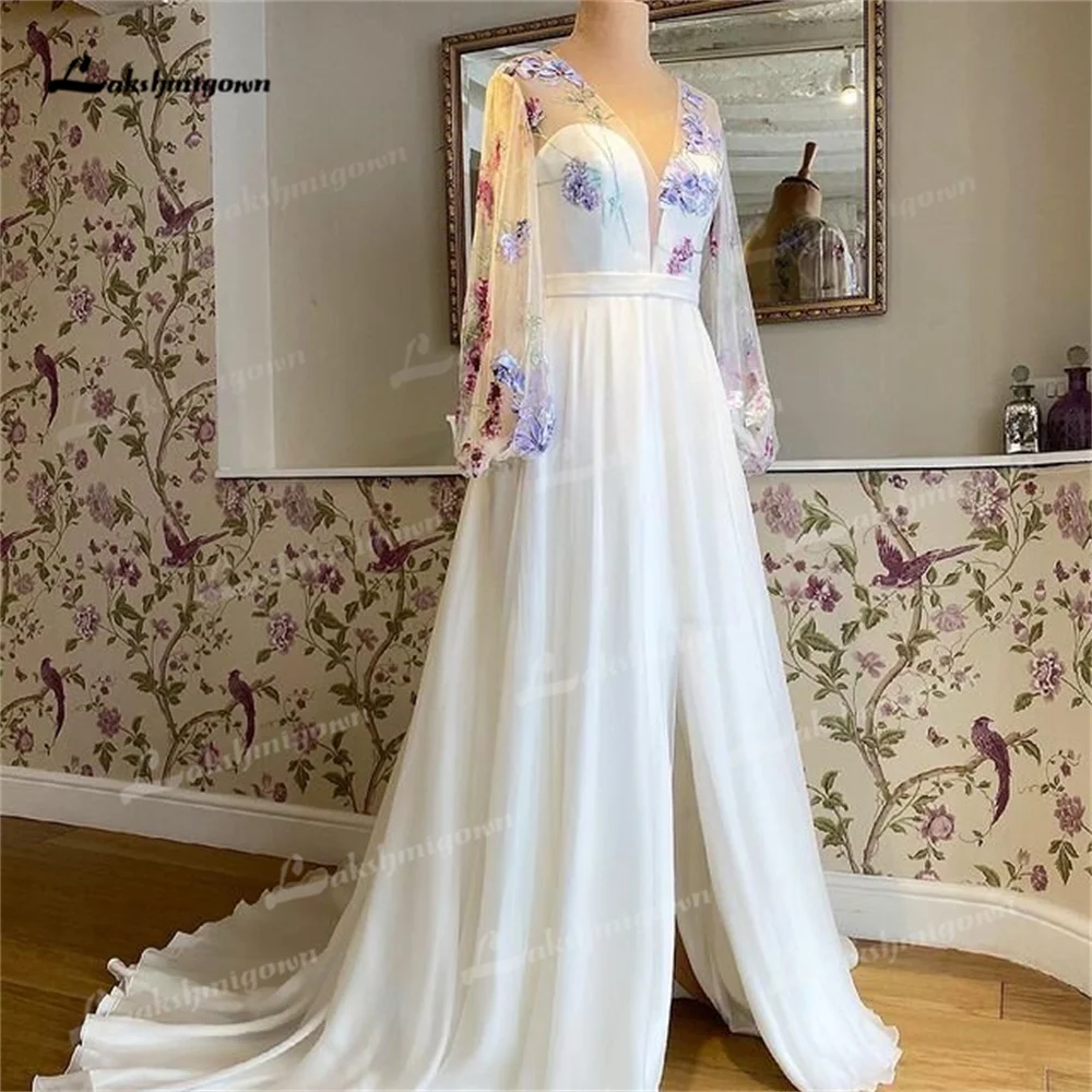 Yanshmigown-Robe de mariée A-ligne à col en V, train de cour, imprimé de fleurs, fente latérale, robe de mariée éducative, fête de mariage, 2025