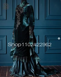 CustomizedEmerald Velvet Victorian Prom Occasion Dresses with Long Sleeve Lace Applique Crimson Peak Movie Hallowen Evening Gown