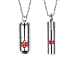 Stainless Steel Pill Case Cylinder Cremation Urn Pendant Necklace For Men Women Medical Alert Sign Jewelry