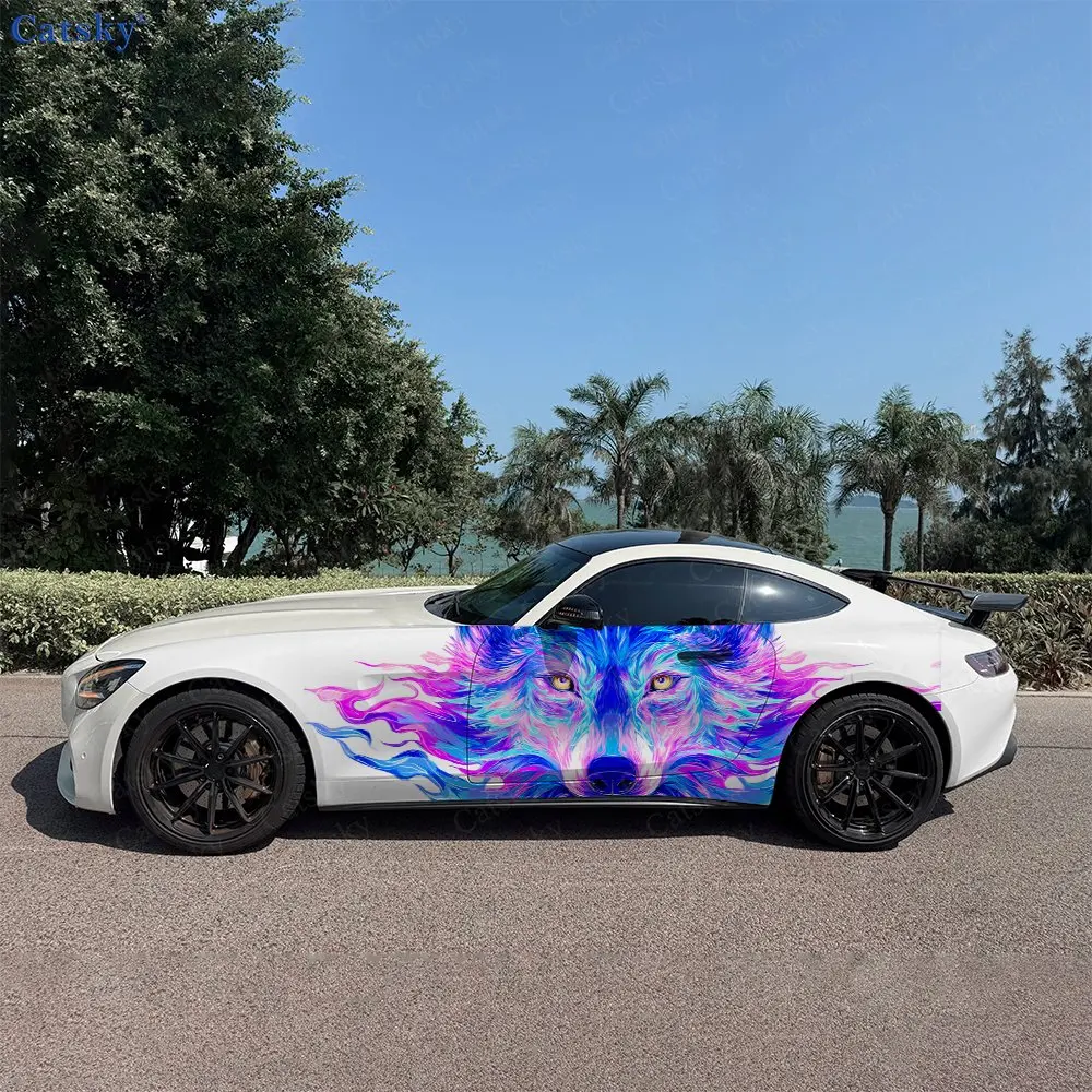 2pcs Neon Flowing Mane Wolf Car Side Wraps, Self-Adhesive PVC Waterproof & Scratch-Resistant Stickers, Car Accessory Gift