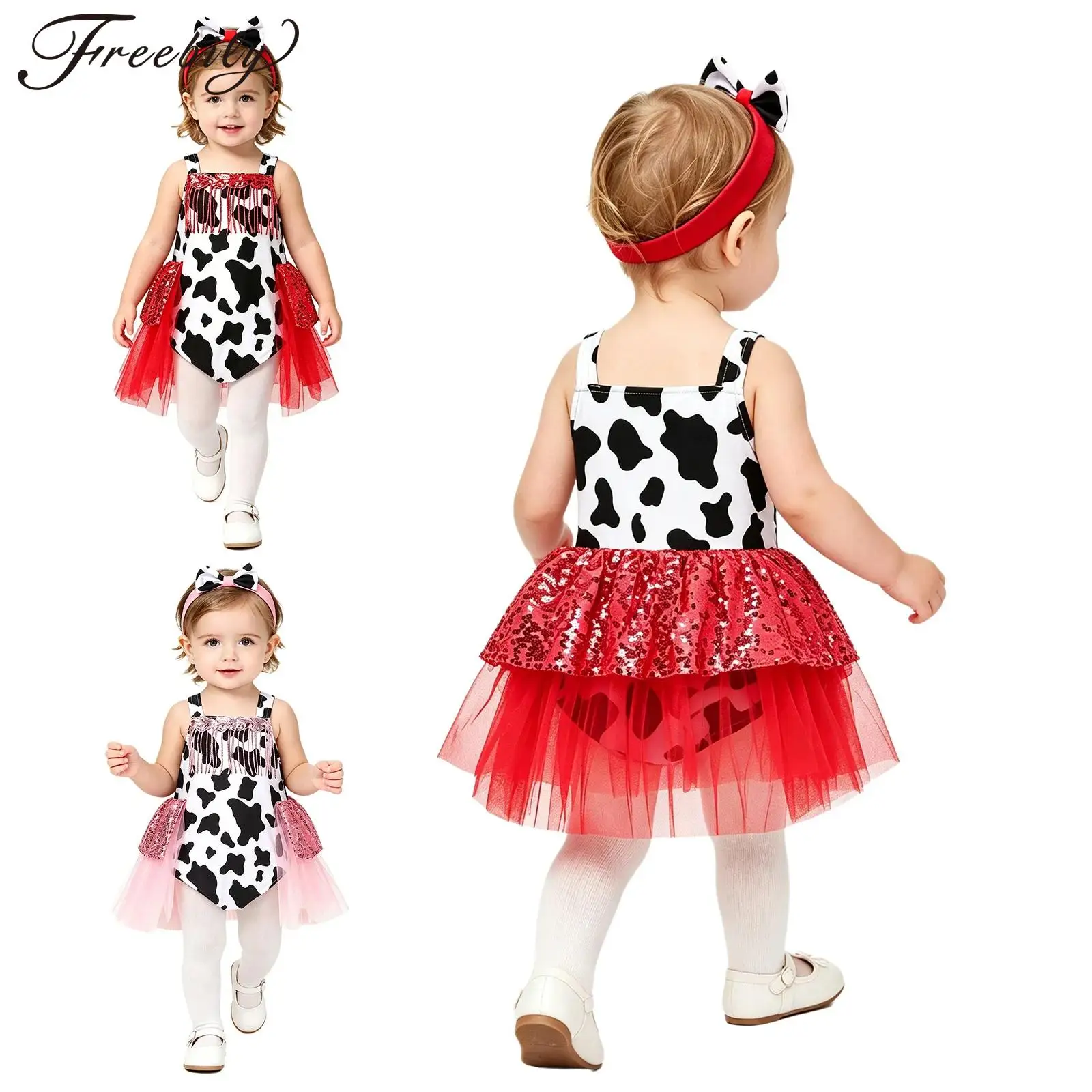 

Baby Girls Western Cowgirl Birthday Party Costume Cow-spot Printed Tassel Tulle Skirted Rompers Toddler Kids Photography Outfit