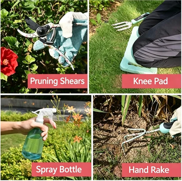 Garden Tool Set 11 pcs with Large Shovel Small Shovel Three Pronged Rake Two Pronged Rake and Single Pronged Rake