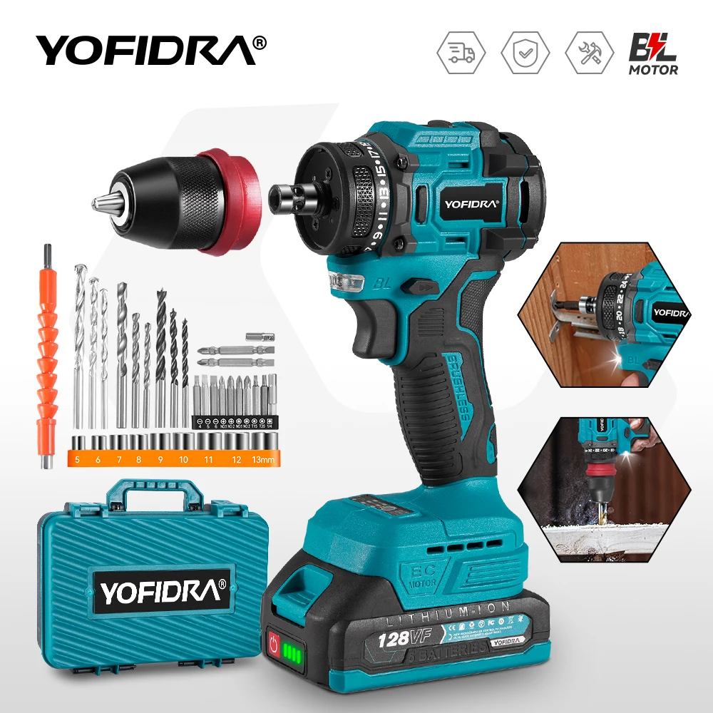 YOFIDRA Hexagonal Brushless Electric Screwdriver 2 In 1 Cordless Drill Screw Driver Power Tool Set For Makita 18V Battery