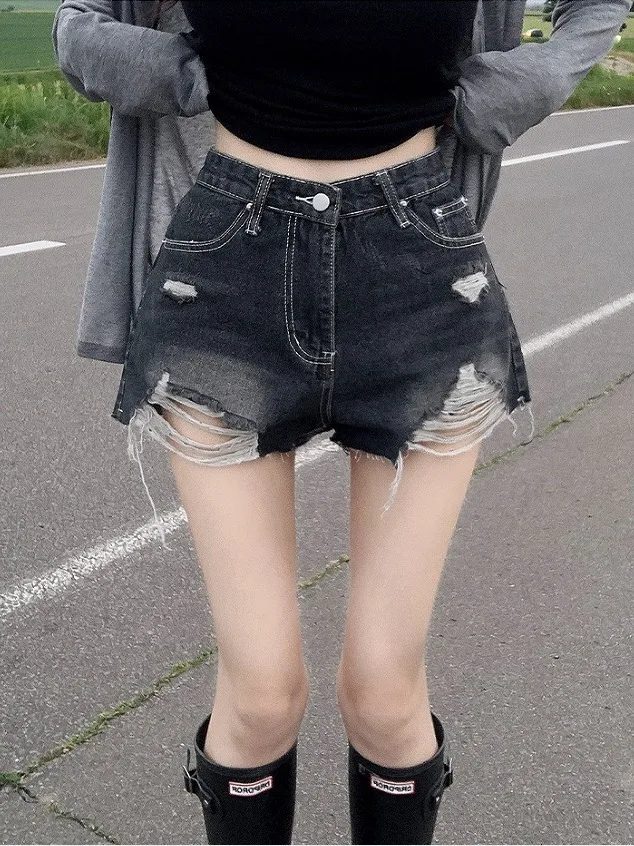 Three-Color Damage Ripped Frayed Wide Leg Denim Shorts Casual Style Natural Waist Zipper Closure Cotton Blend Short Pants