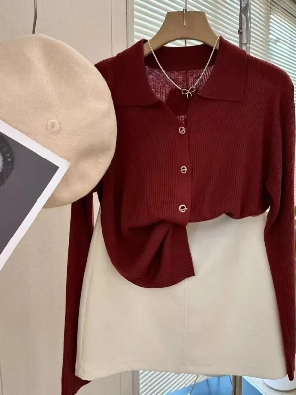 POLO lapel cashmere knit cardigan women's spring and autumn thin loose sweater short wool coat 5
