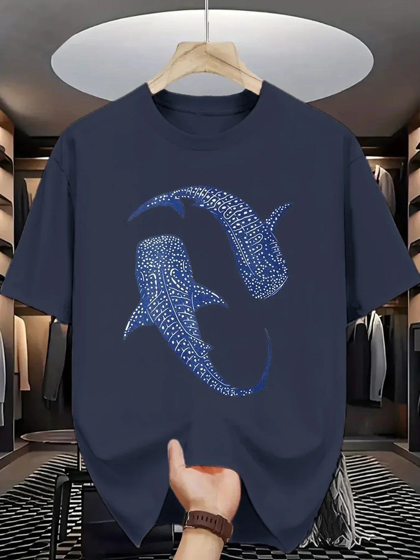 Bohemian Style Whale Shark Print Men's 100% Cotton T-shirt Casual O-neck Short Sleeve Tops Streetwear Tees