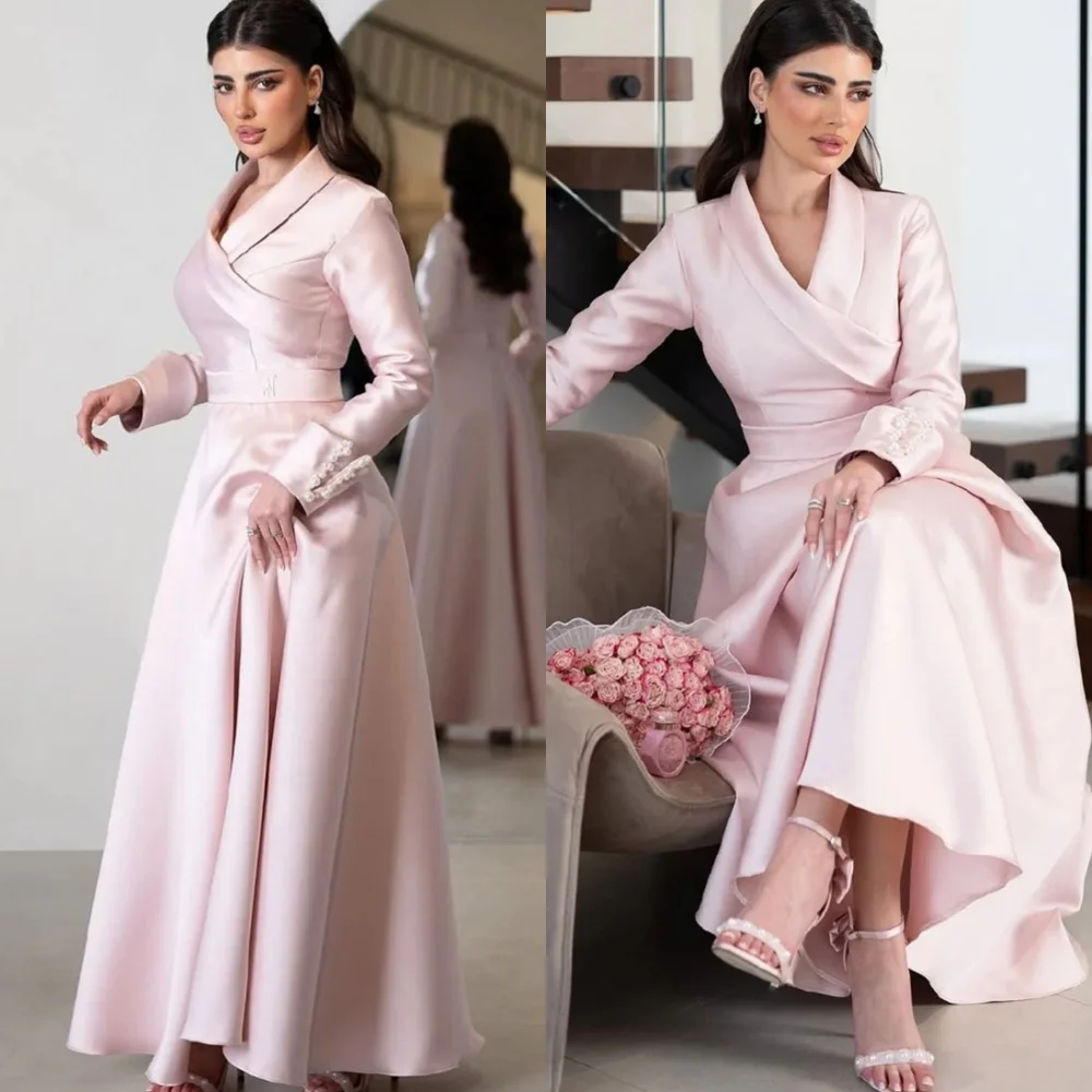 

Customized Sparkly Pink Satin Evening Dress Delicate V-Neck Long Sleeves Homecoming Dresses Luxury Special Occasion Gowns