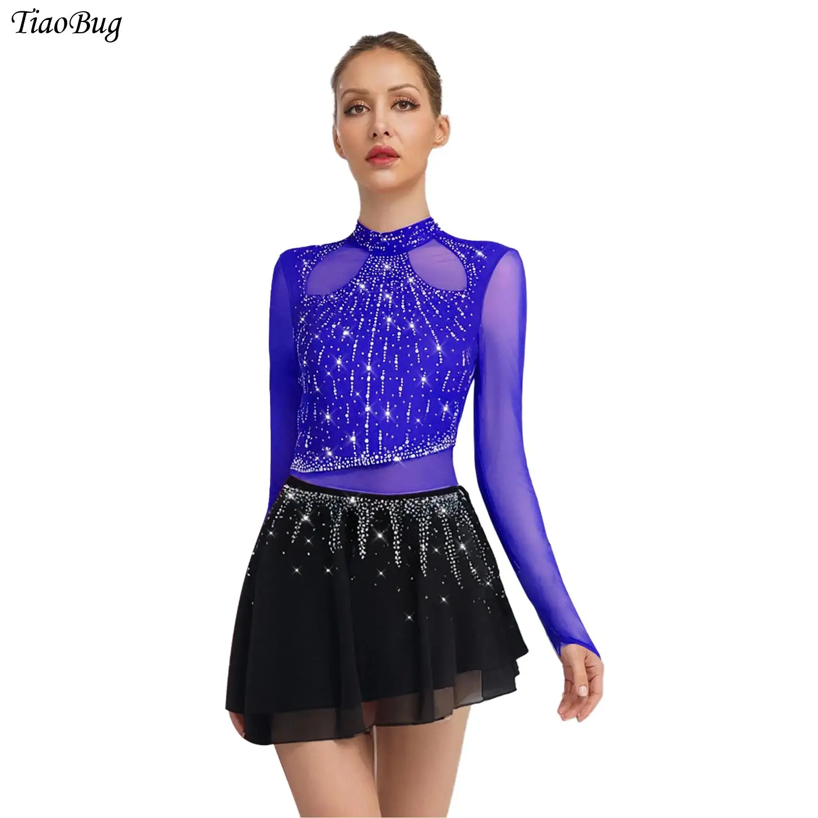 

Women Lyrical Dance Dress Long Sleeve Chiffon Skirt Leotard Dress for Figure Skating Gymnastics Ballet Dance Performance Costume