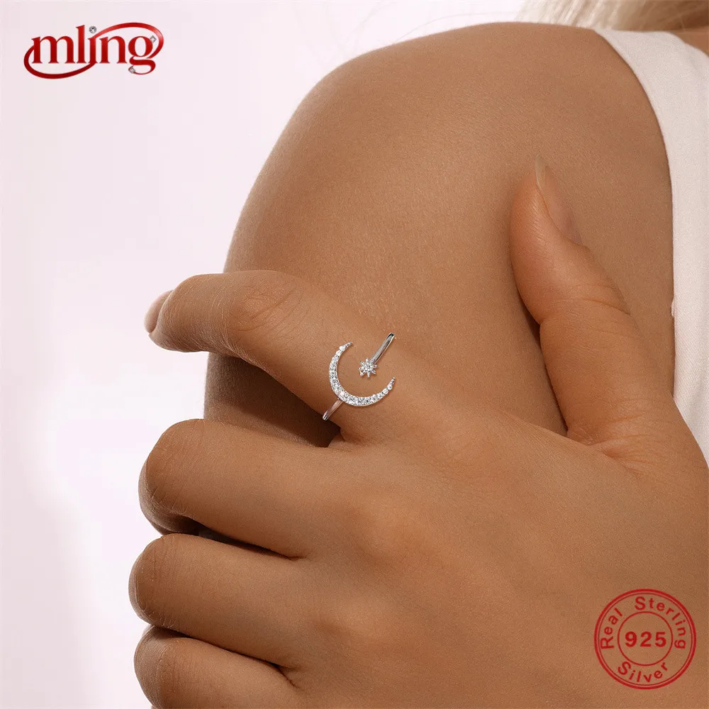 

CANNER Moissanite Moon Open Wedding Party Ring For Women 925 Sterling Silver Classic Sparkling Eight-pointed Eternity Ring Gift
