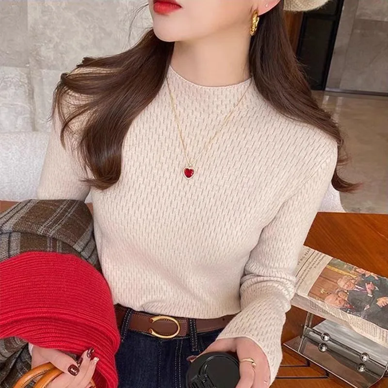 البلوزات مبطنة بالصوف طويلة الأكمام محبوك سترة المرأة البلوفرات الجديدة وهمية الرقبة متماسكة سترة البلوز النساء بلايز تريكو Q2051 #2