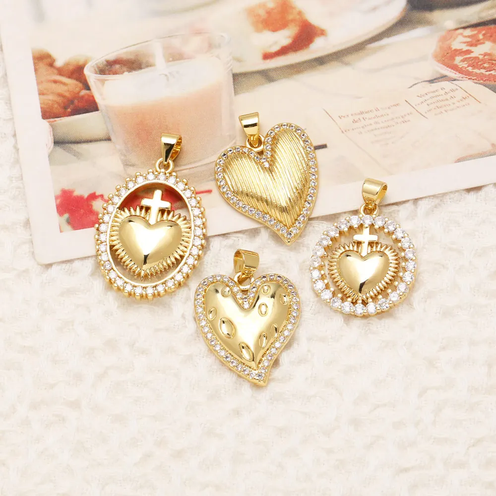 OCESRIO الأبيض كريستال الصليب القلب ميدالية قلادة ل قلادة النحاس مطلية بالذهب القلب اليدوية صنع المجوهرات مكون pdta487