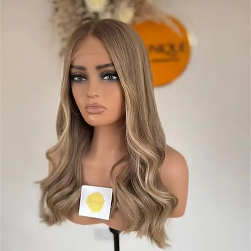 Party Daily Cosplay Wigs 13x4 Ombre Blonde Brown Highlights Synthetic HD Lace Front Wig with Roots for Women Preplucked Hairline