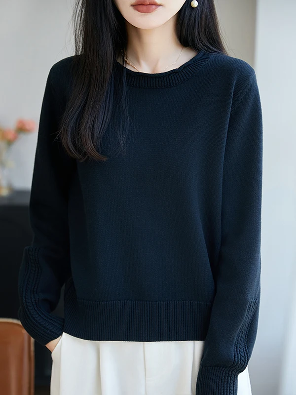 Thickened Pure Cotton Long Sleeve Knitted Sweater Women's Autumn Winter New Style Simple round Neck Warm Base Layer Design Sense