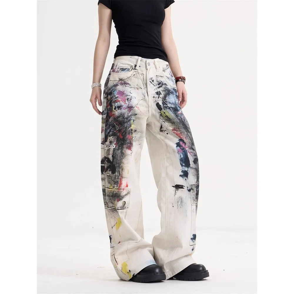 Fashion Printed Jeans 2025 Retro Graffiti Denim Mopping Trousers Korean Style High Street Loose Hip Hop Wide-leg Jean Pants
