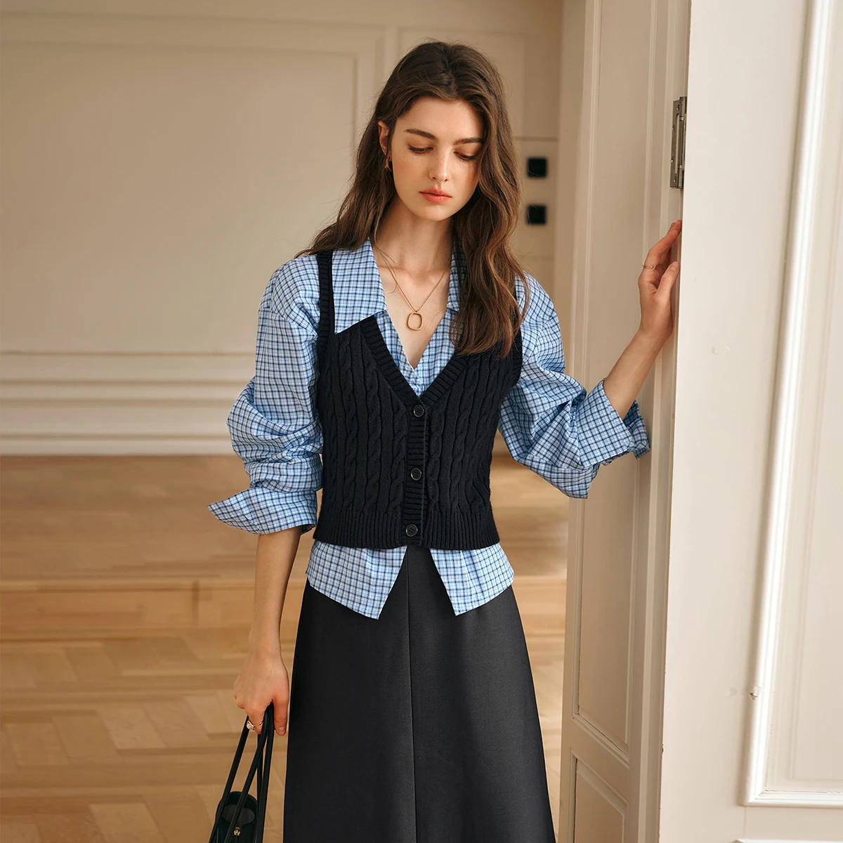 OLrain 100% Cotton Blue Plaid Womens Shirt 2025 Fashion Long Sleeve Turn Down Collar Button Slit Retro Slim Blouses M57CC95856