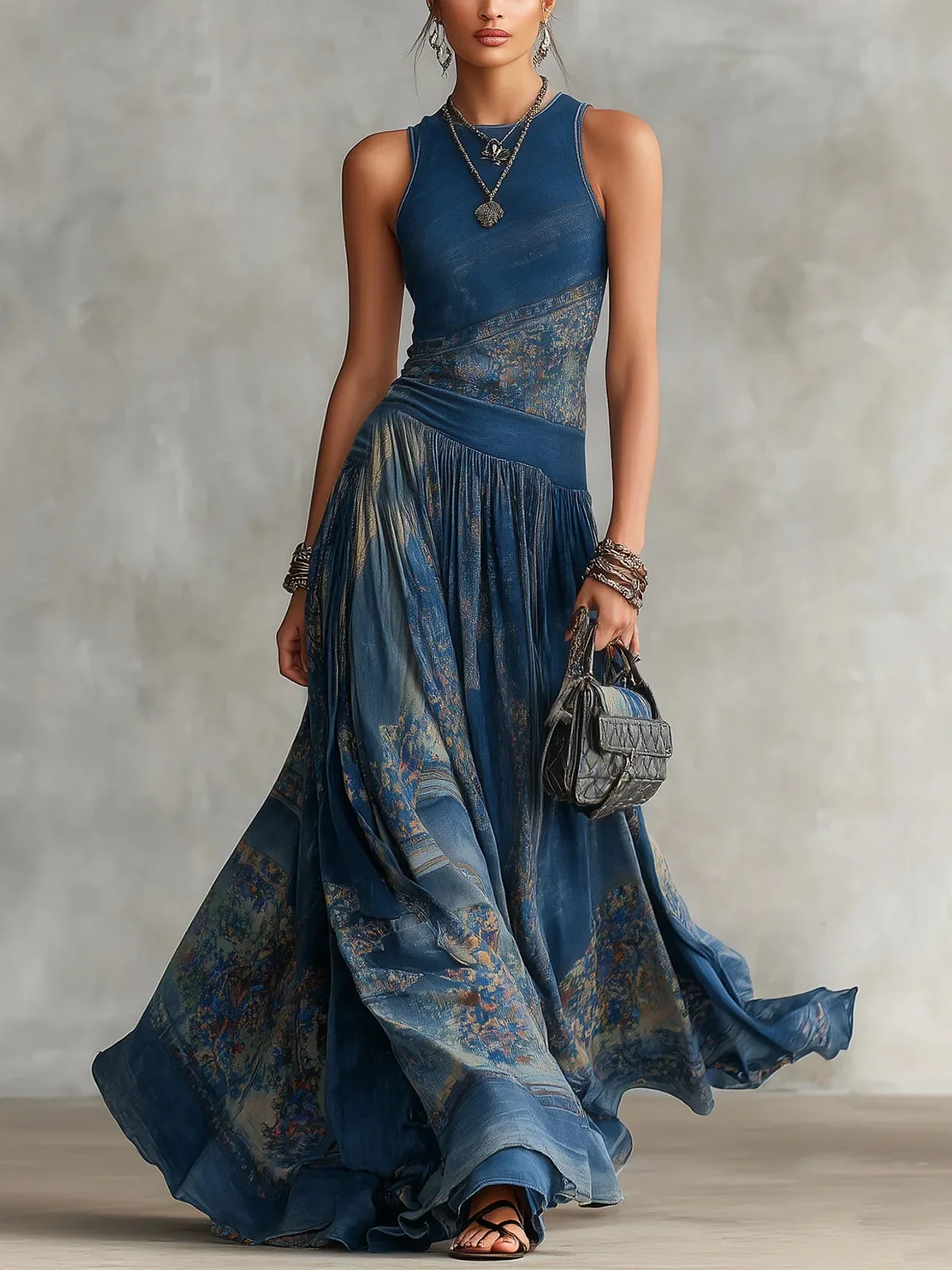 Vintage Bohemian Women Dress 2026 Summer Casual Beach Vacation Long Skirt Fashion Print O-neck Slim Shoulder Strap A-line Dress