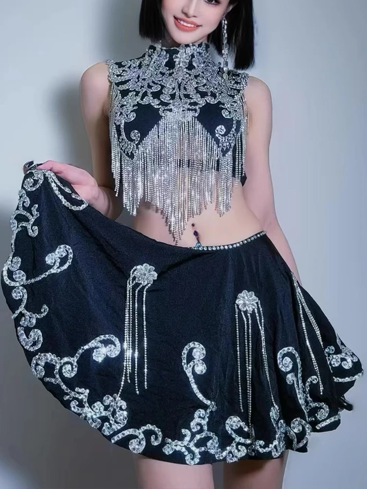 Hoge kwaliteit strass kwastje korte top + halve rok tweedelige set 2025, nieuwe mode aangepaste dameskleding
