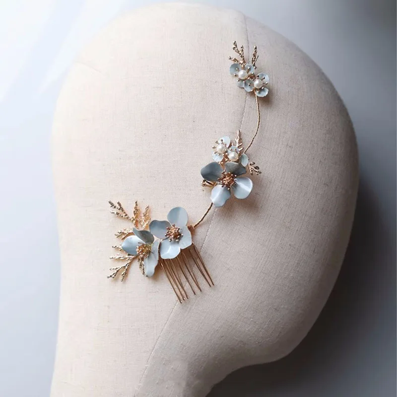 Light Blue Color Floral Bridal Hair Comb Pin Piece For Women Jewelry Wedding Accessories Handmade