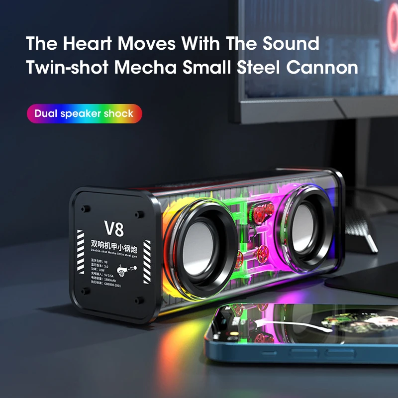 V8 TWS Bluetooth 5.0 Portable Dual Tone Transparent Speaker RGB Light Wireless Subwoofer for Sports Audio view 6