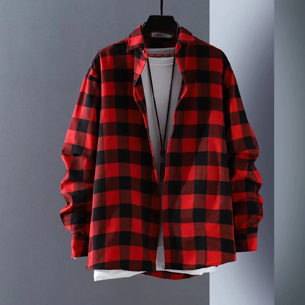 Mens Long Sleeve Check Shirts Button Down Casual Work Baggy Coat Lapel Tops Casual Trendy Jacket Men's Loose Shirt