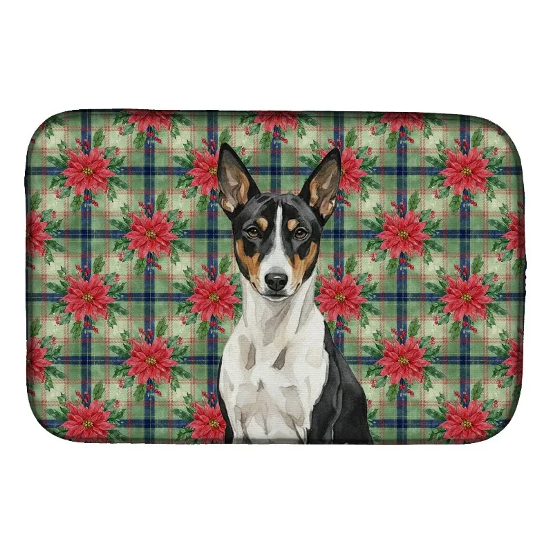 

Multicolor Basenji Christmas Poinsettias Dish Drying Mat 14x21" Absorbent Non-Slip Kitchen Counter Gift