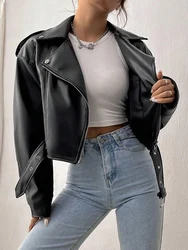 Ailegogo New Spring Women Short Black Pu Faux Leather Jacket Streetwear Female Zipper Belt Moto Biker Coat Outwear