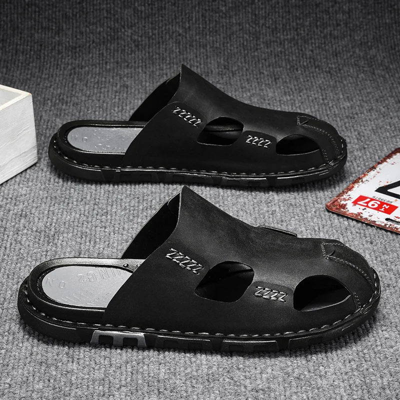 Men's Slippers Summer Baotou Half Slippers Luxury Cowhide Leather Slippers for Men Designer Slipper 2025 New Casual Beach Slides