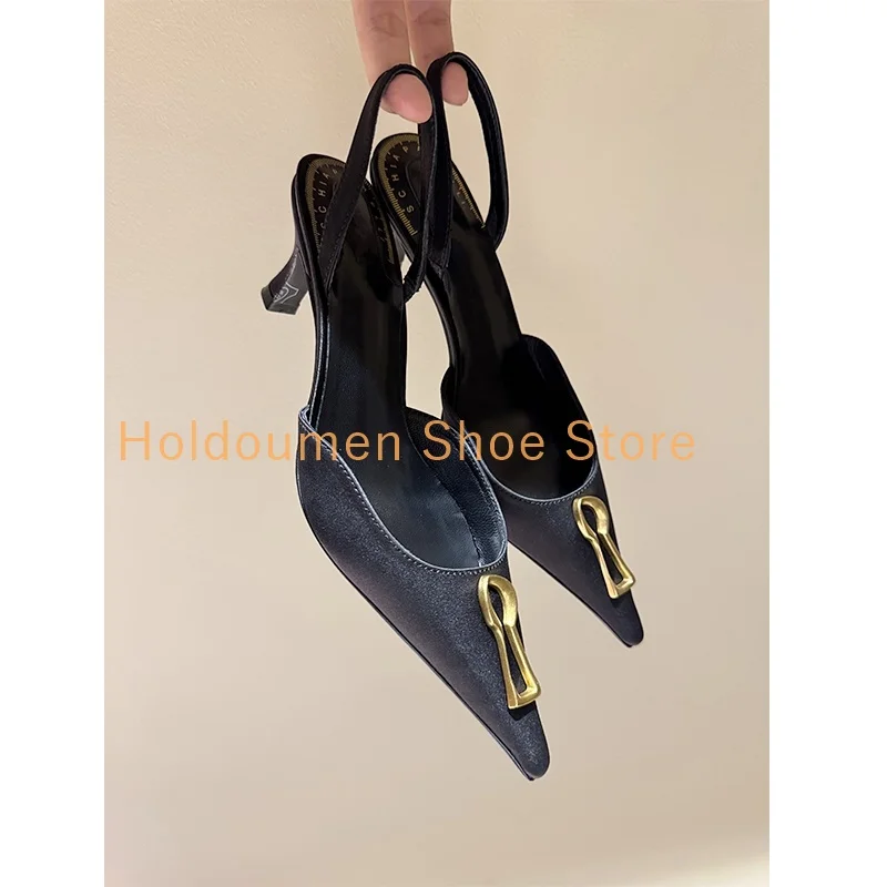 Blue Sea Salt Green Gradient Leather Metal Keyhole Decor Wrapped Point Toe Women's Sandal Back Strap Playful Kitten Heel Sandals