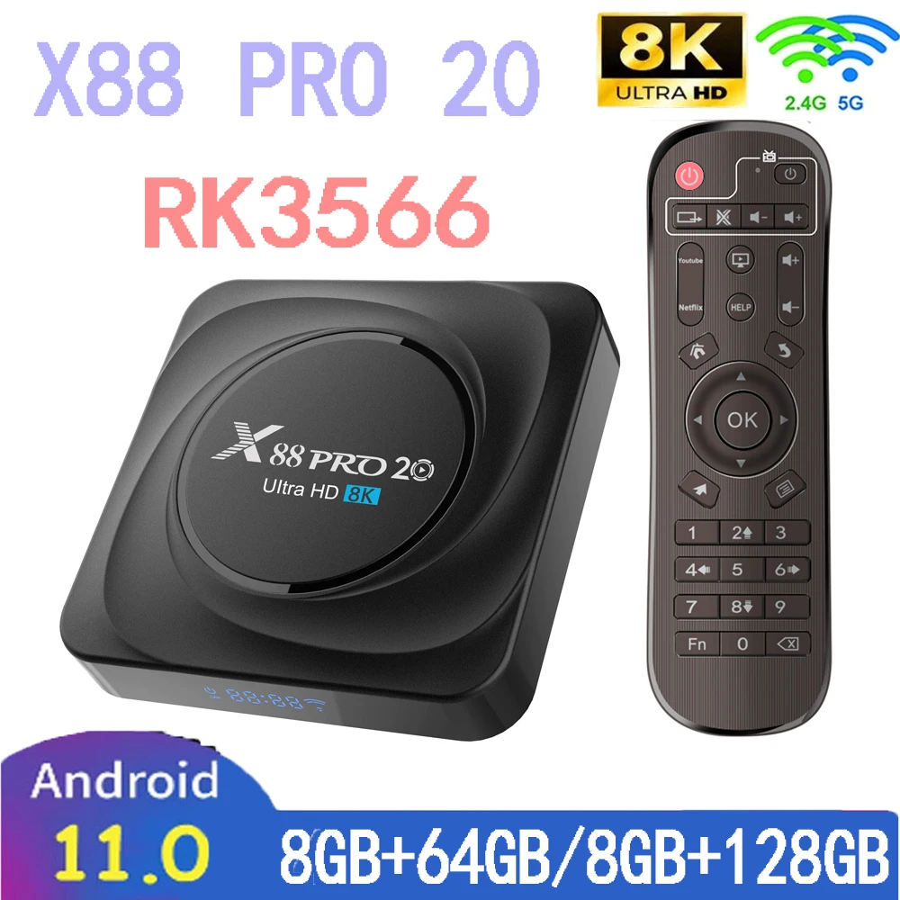 X88 Pro 20 Rockchip RK3566 Android 11 TV Box 8GB RAM Múltiples ROM 64G 128G USB3.0 Gigabit LAN 8K HDR VP9 Reproductor Multimedia