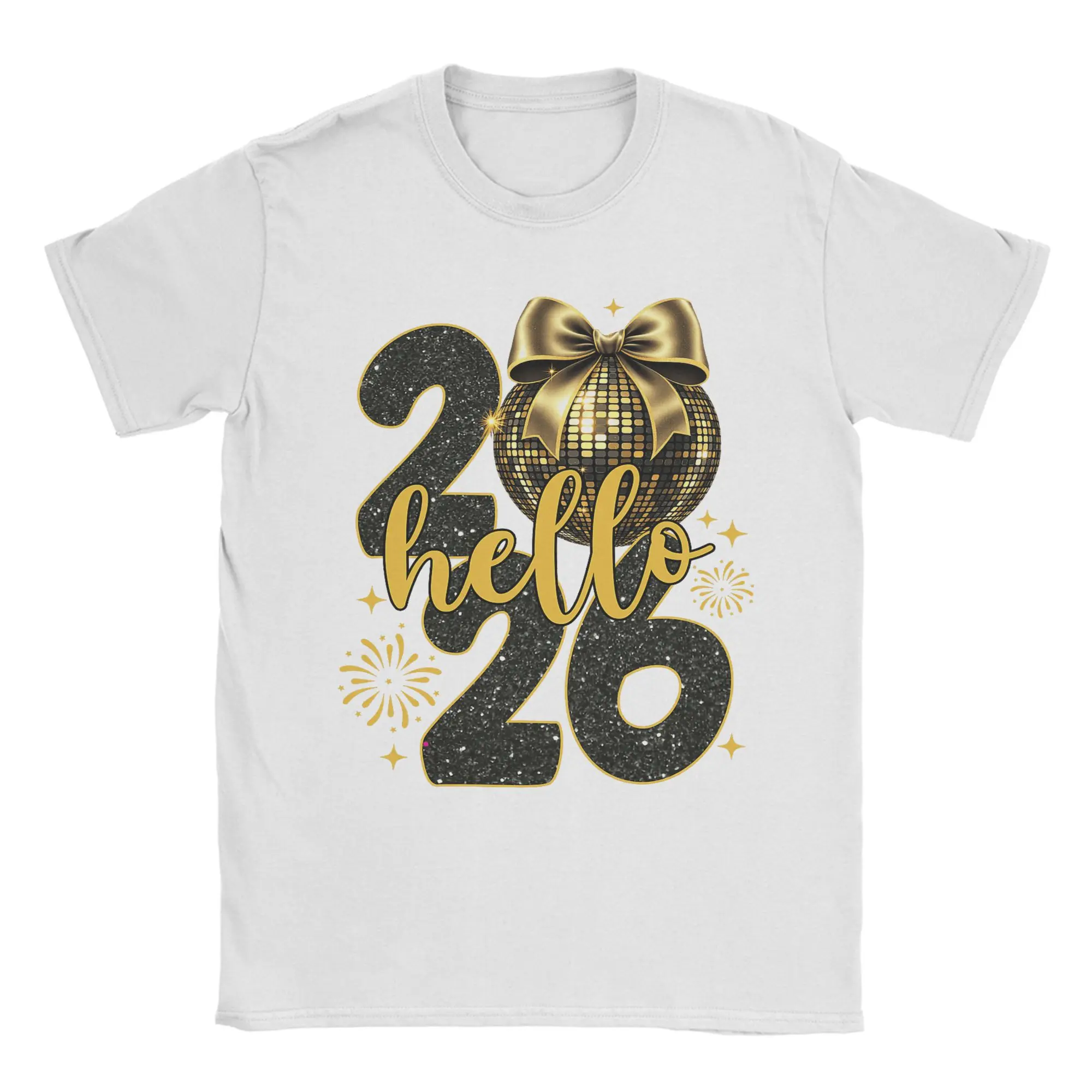 Bonne année 2026 Disco Ball rose Coquette Bow famille t-shirt pour hommes pur coton col rond t-shirts à manches courtes hauts uniques