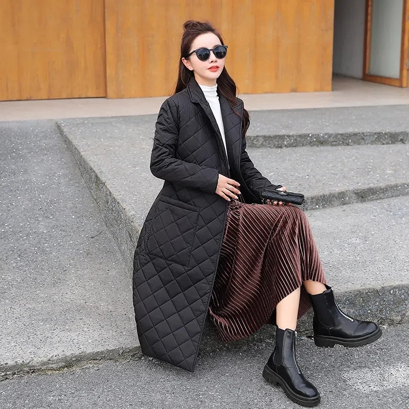 Winter Jacket Women 2025 New Fashion Belted Space Diamond Plaid Parkas Female Casual Long Over Knee  Down Cotton Coat Clothing