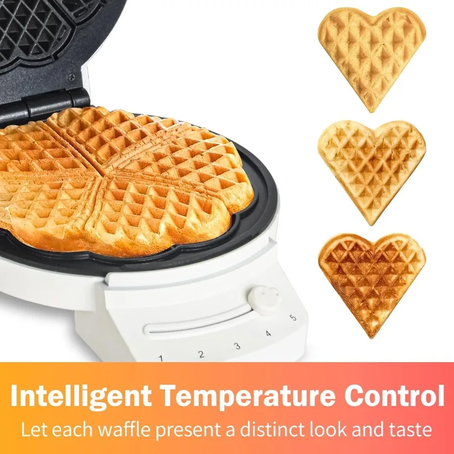 Elektryczna gofrownica w kształcie serca z 5 poziomami regulacji temperatury i szybkim nagrzewaniem do idealnych gofrów belgijskich, konstrukcja z pojedynczą płytą.