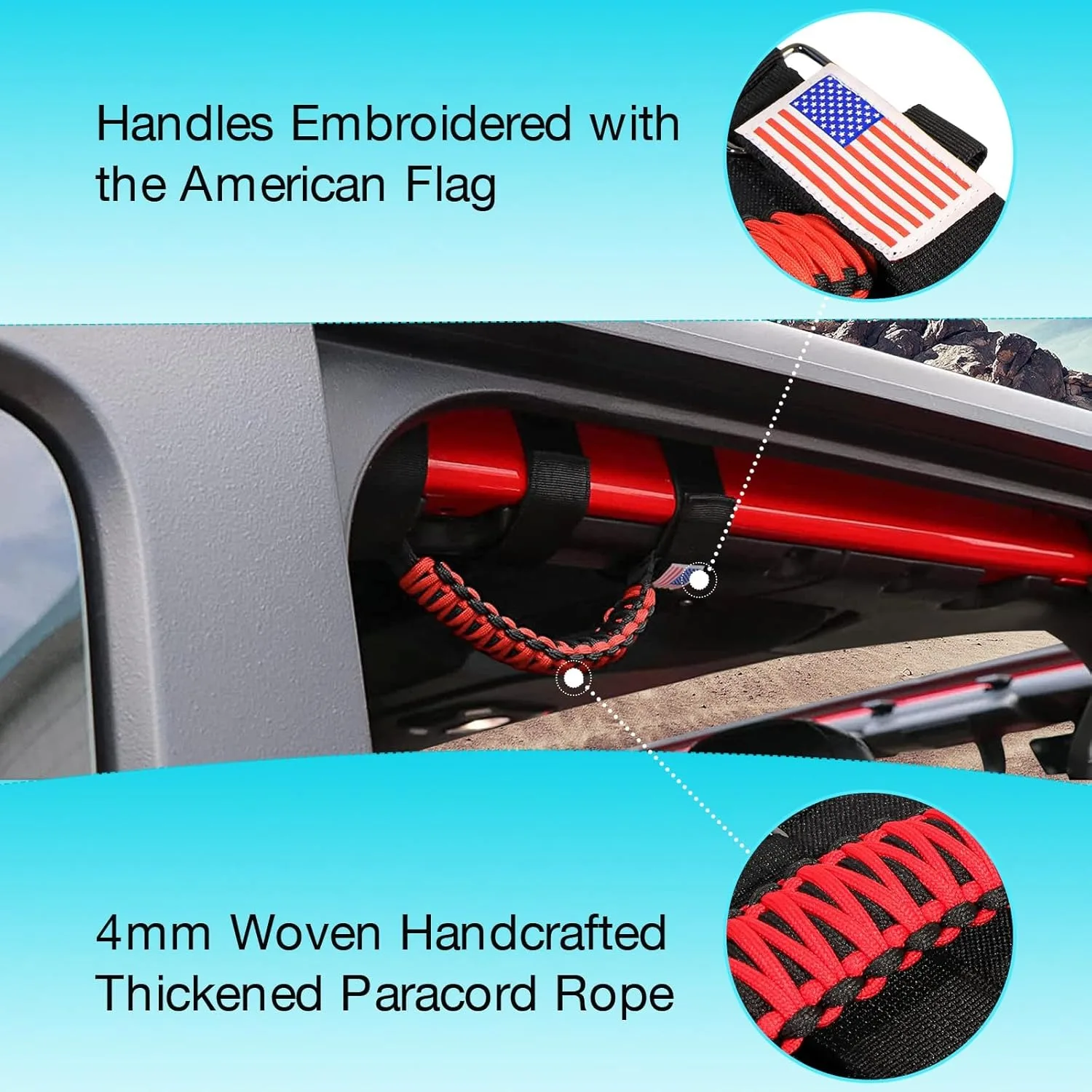 Grab Handles Paracord Roll Bar for Jeep Wrangler CJ YJ TJ JL JK LJ JLU JKU Sahara Freedom Rubicon,Gladiator JT with America Flag