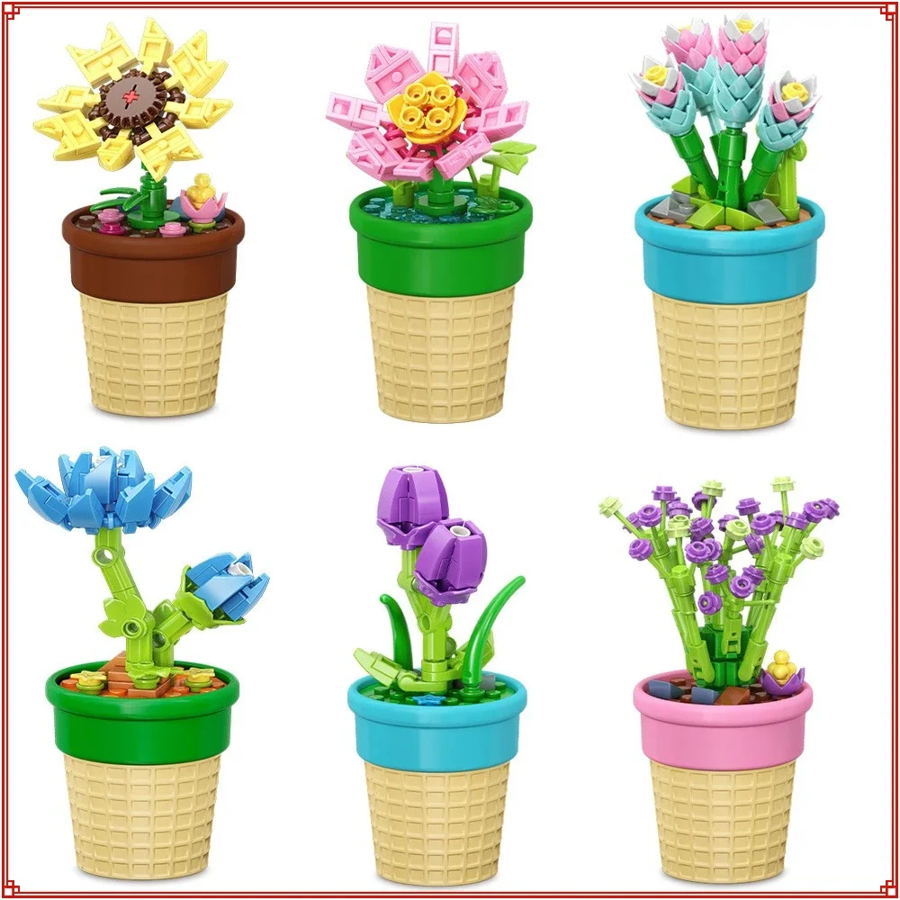 Creative Sweet Cone Plant Potted Building Blocks Peach Blossoms Starry Sky Sunflowers Assembled Puzzle Model Toy Boys Girls Gift