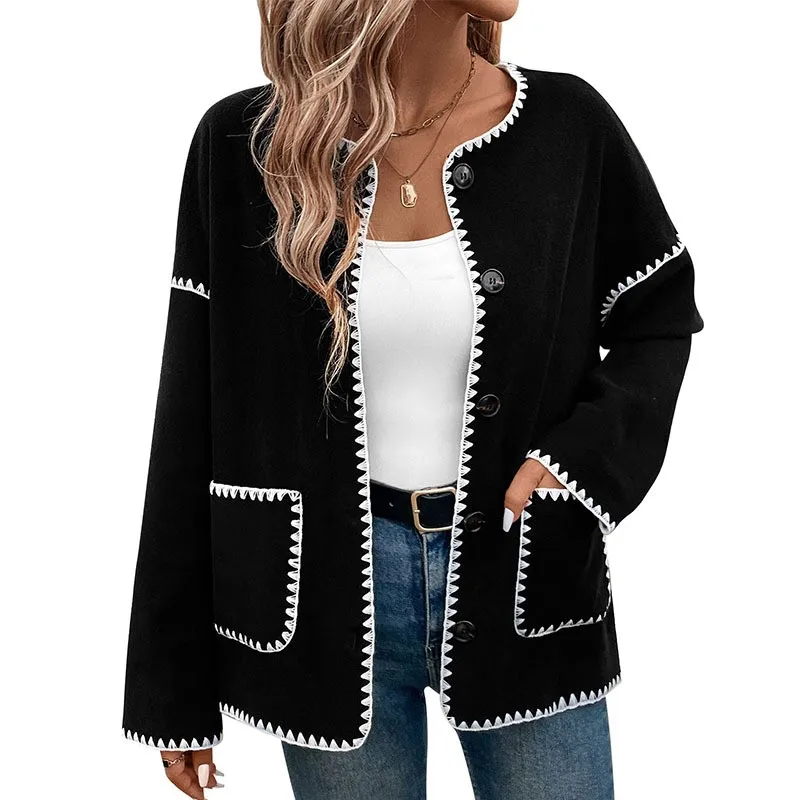 Women's Fleece Jacket Coats Spring Fall Fashion Loose Contrast Trim O Neck Long Sleeve Tops With Pockets Casual Black Coat Tops