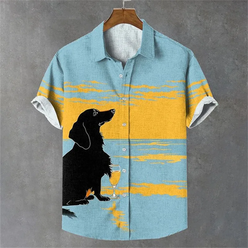 Men Short Sleeve Shirt Cartoon Dog Coffee Print Casual Summer Vacation Holiday Funny Creative Daily Leisure Mens Clothing