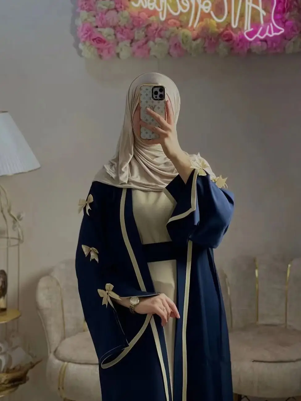 

Latest fashion bowknot Opened Muslim Robe abaya syari female full length Muslim abaya Worship Service abayas with belt wy2294