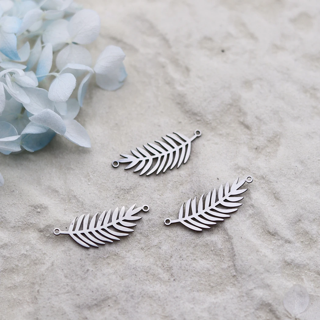 3Pcs Stainless Steel Fern - Shaped Double - Hole DIY Jewelry Charms Set for Bracelet, Necklace Crafting Vintage Accessories