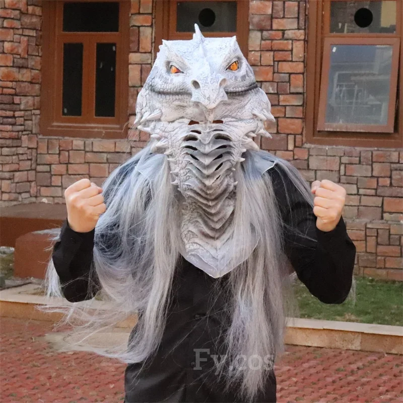 Maska Raptor z oryginalnym futrem smoka głowa dinozaura lateksowa tusz do rzęs Cosplay futrzany kask zwierzęcy kostium na Halloween dla dorosłych mężczyzn