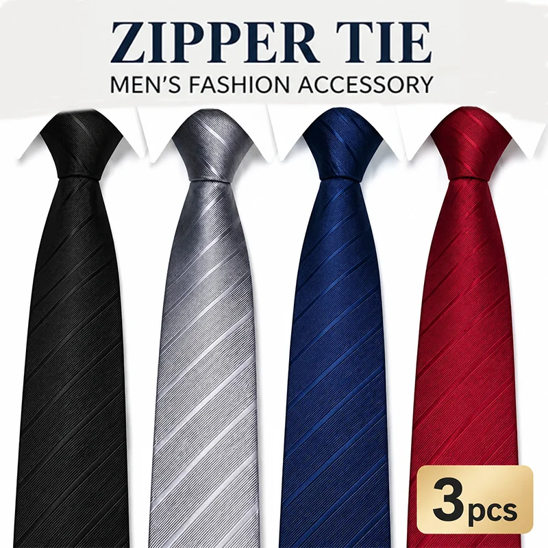 3Pcs Men's Zip Tie 8cm (3.15inch) Wide Striped Polyester Tie in Black, Red, Blue, White and Multiple Colors for Business, Work, Wedding, Interview, Workplace Accessories